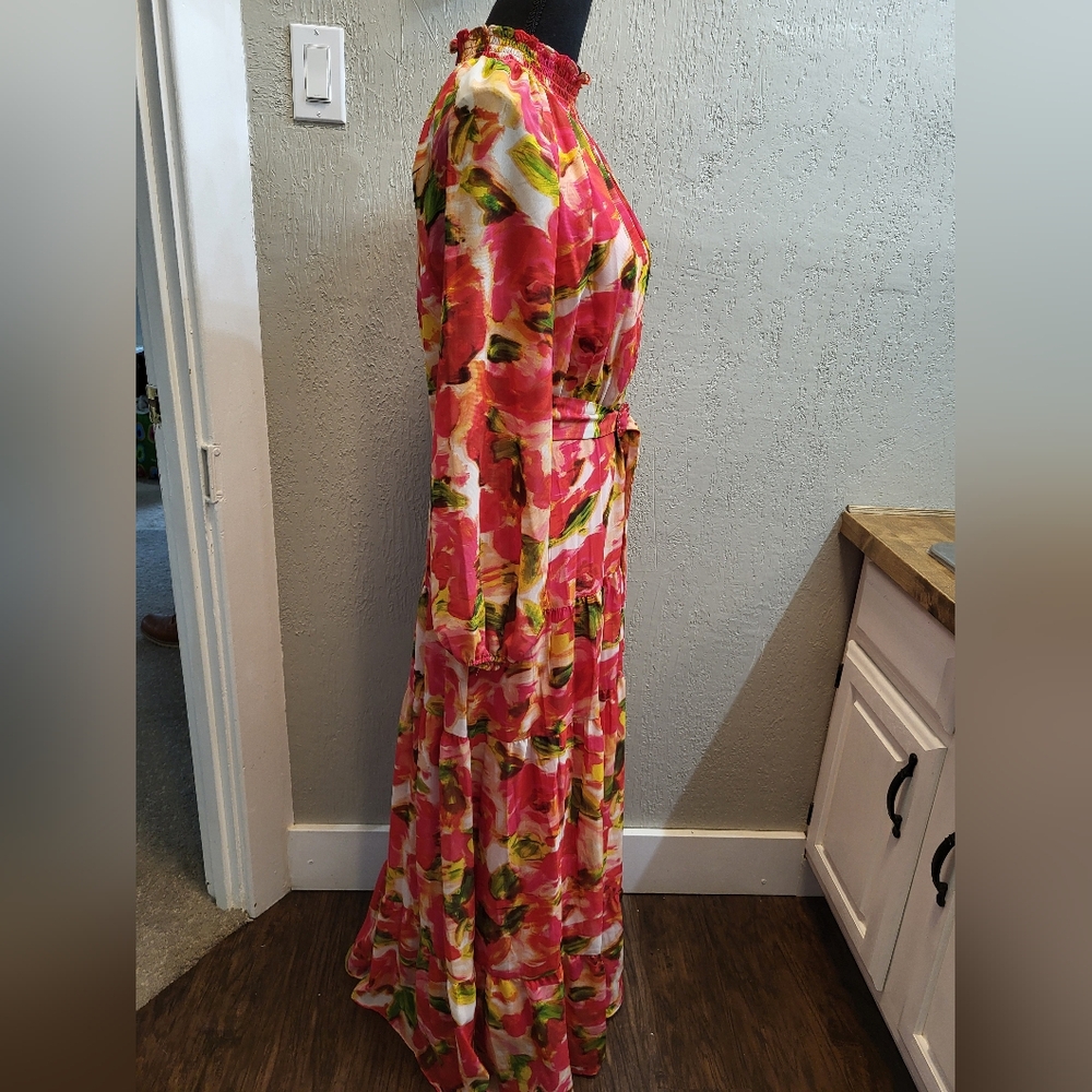 New Taylor Floral Chiffon Smocked Neck Sheer Ling Sleeve Belted Maxi Dress - Picture 9 of 15